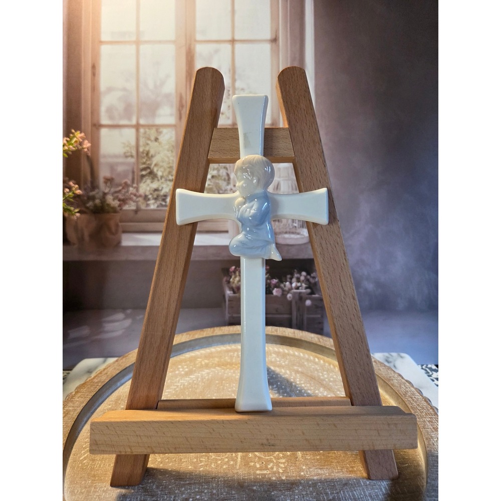 Vintage Porcelain Praying Boy Wall Cross Blue White Religious Nursery Decor 7.5"